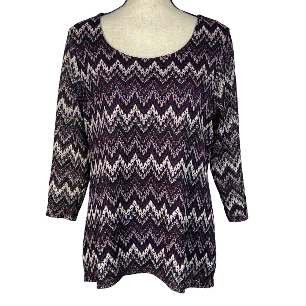 Roz & Ali X-Large Top Chevron Lace Overlay Stretch 3/4 Sleeves Round Neck Purple